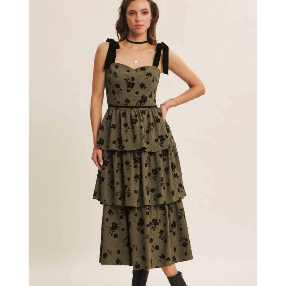 NEW IN FEBRUARY velvet flower tiered midi dress in olive